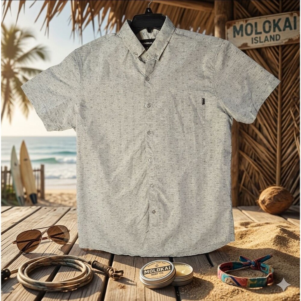 Molokai Surf Co Mens L Gray Short Sleeve Button Up Shirt Casual Beach Surf Style